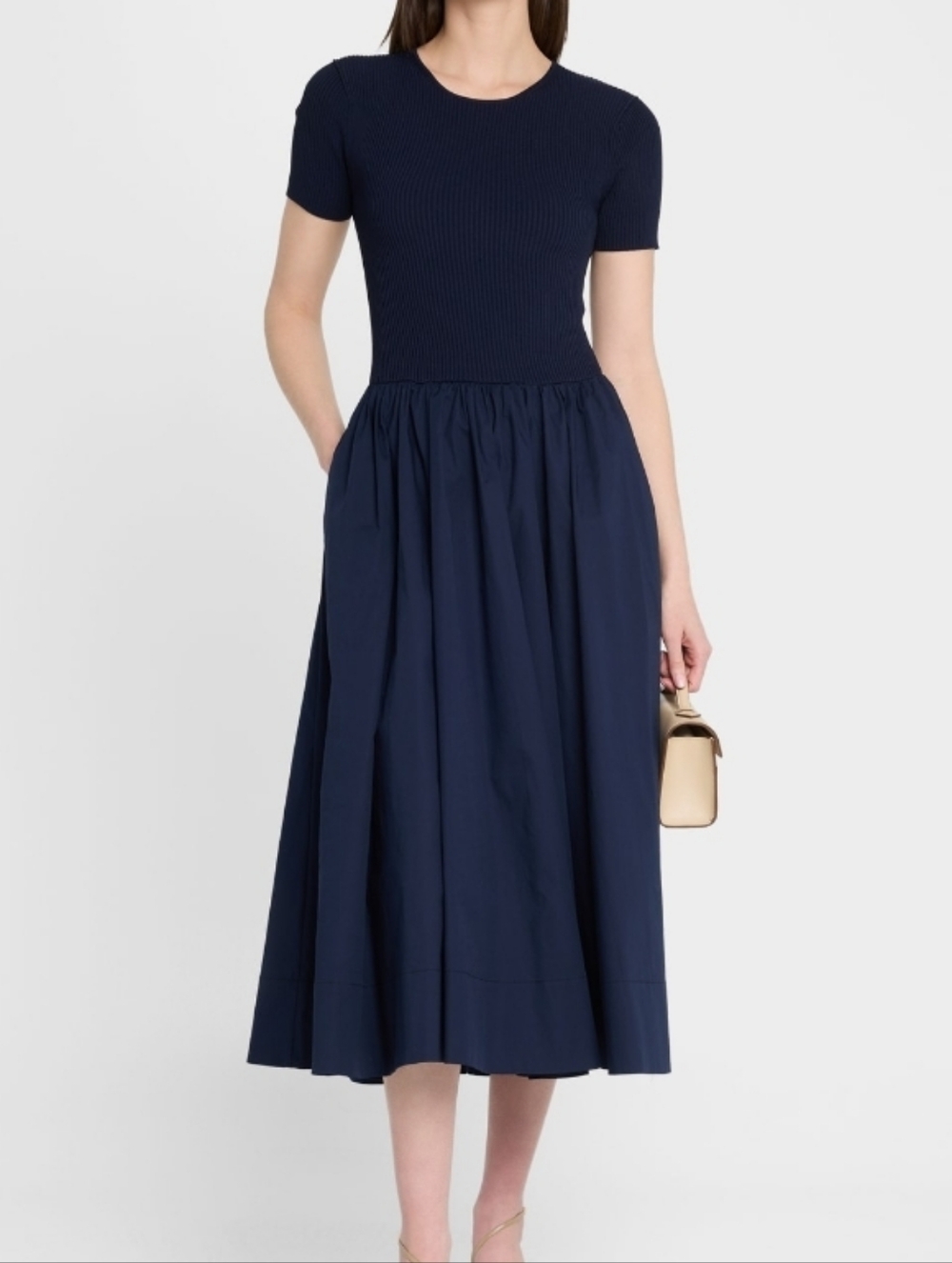 STAUD Ysabel Navy Blue Short-Sleeve Knit Bodice Long Dress With Pockets Sz-L - Picture 6 of 13